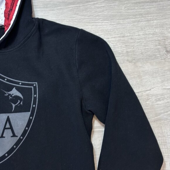 Men's Black Hoodie Fishing SA Co Classic American Flag Shield Size XL EUC - Picture 4 of 9